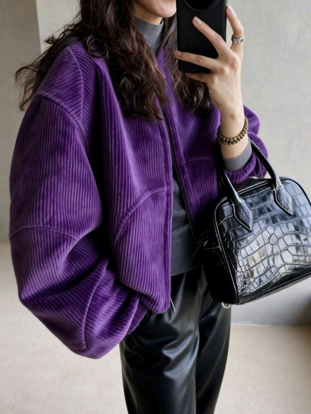 Women's Velvet Purple Corduroy Bomber Jacket With Bishop Sleeves Casual Oversize